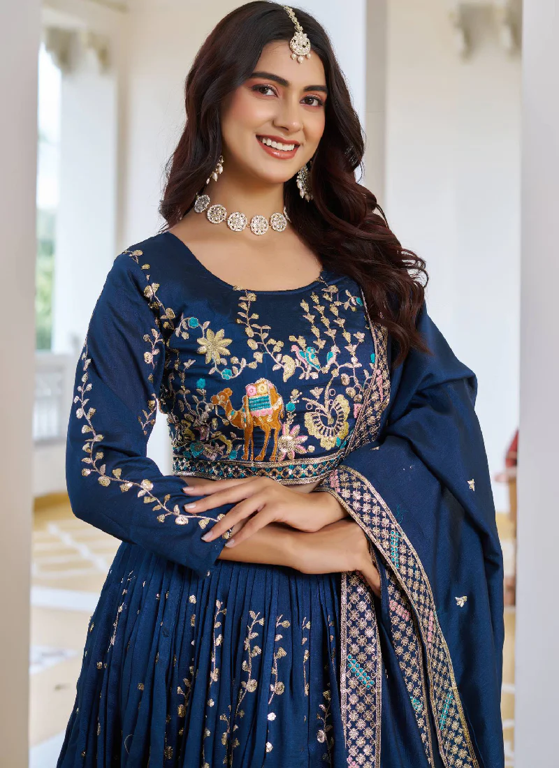 Classic Blue Vichitra Silk Thread Embroidery Work Wedding Wear Lehenga - Image 2