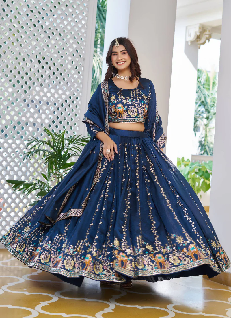 Classic Blue Vichitra Silk Thread Embroidery Work Wedding Wear Lehenga - Image 3