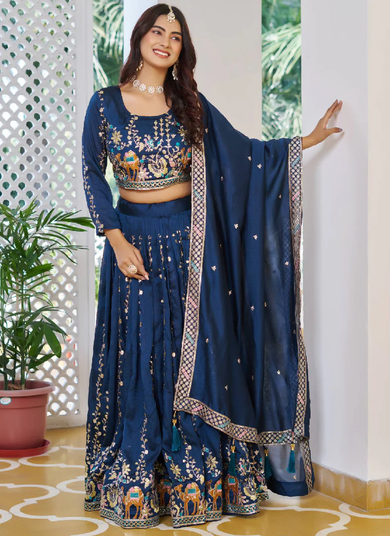 Classic Blue Vichitra Silk Thread Embroidery Work Wedding Wear Lehenga - Image 5