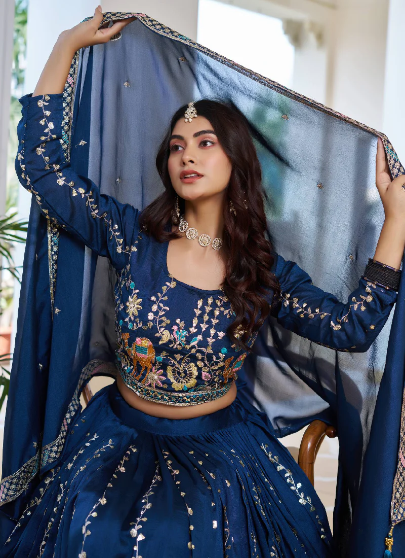 Classic Blue Vichitra Silk Thread Embroidery Work Wedding Wear Lehenga - Image 6