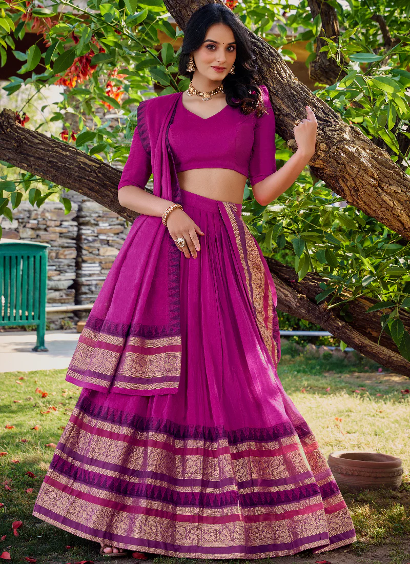 Classic Pink Pure Chanderi Silk Zari Weaving Lehenga Choli For Wedding - Image 4