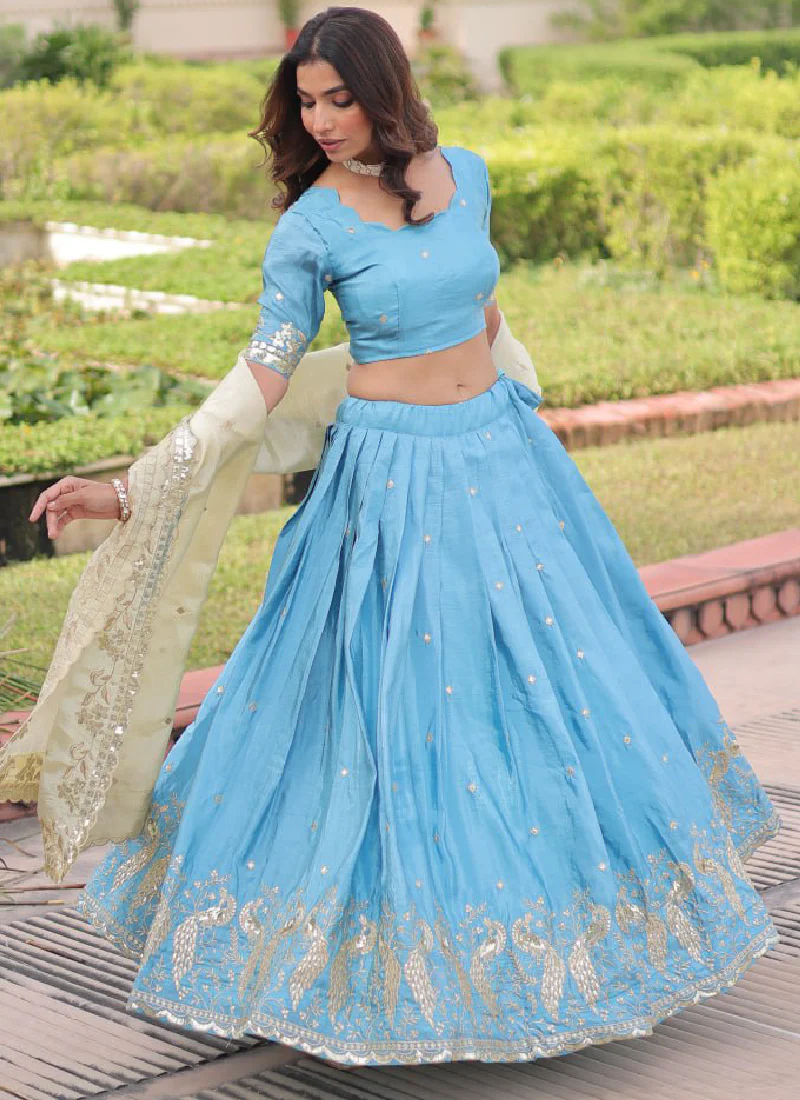 Classic Sky Blue Gold Crush Sequence Embroidered Wedding Lehenga Choli - Image 10