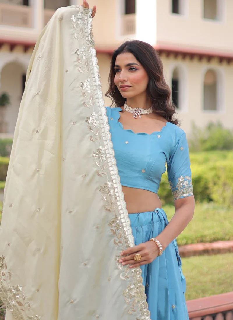 Classic Sky Blue Gold Crush Sequence Embroidered Wedding Lehenga Choli - Image 2