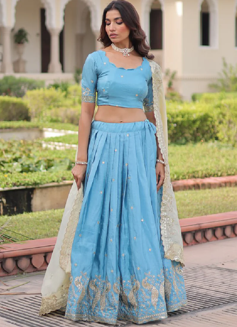 Classic Sky Blue Gold Crush Sequence Embroidered Wedding Lehenga Choli - Image 3