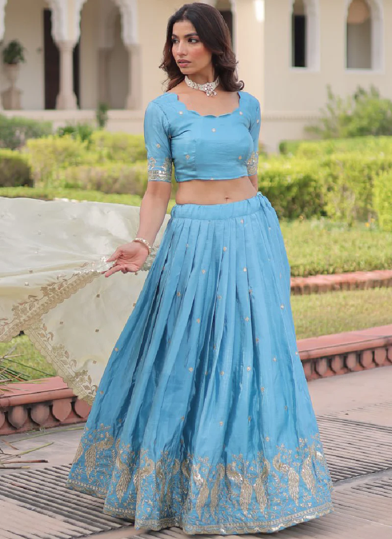 Classic Sky Blue Gold Crush Sequence Embroidered Wedding Lehenga Choli - Image 5