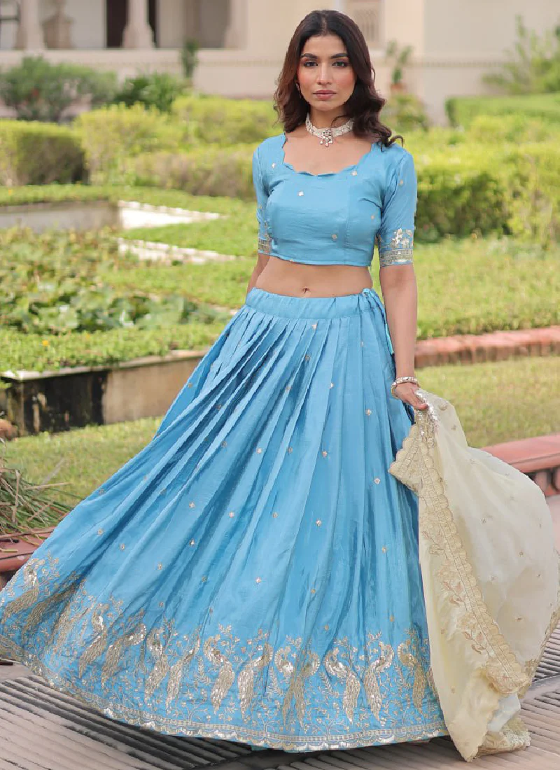 Classic Sky Blue Gold Crush Sequence Embroidered Wedding Lehenga Choli - Image 6