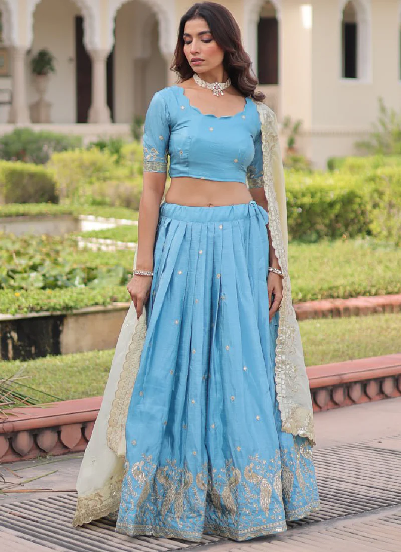 Classic Sky Blue Gold Crush Sequence Embroidered Wedding Lehenga Choli - Image 7