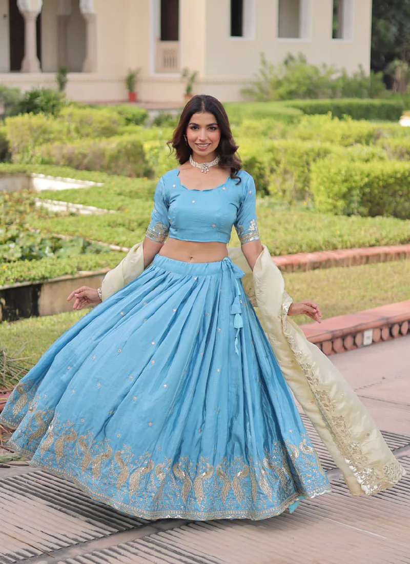 Classic Sky Blue Gold Crush Sequence Embroidered Wedding Lehenga Choli - Image 9