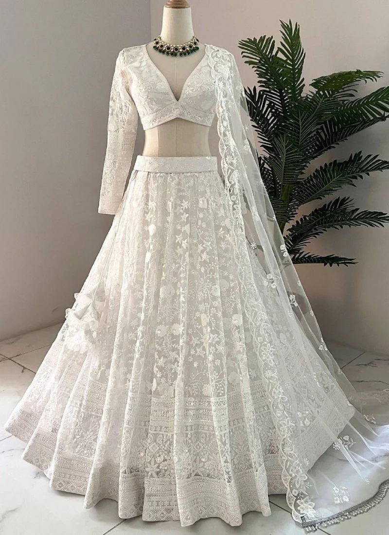 Classical Thread Embroidered Net Engagement White Lehenga Choli - Image 2
