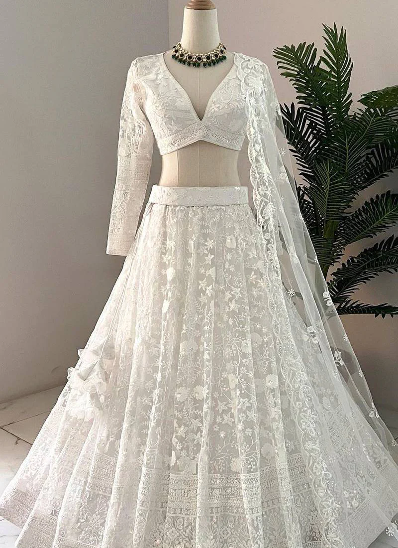 Classical Thread Embroidered Net Engagement White Lehenga Choli - Image 3
