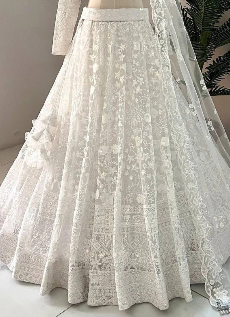 Classical Thread Embroidered Net Engagement White Lehenga Choli - Image 4