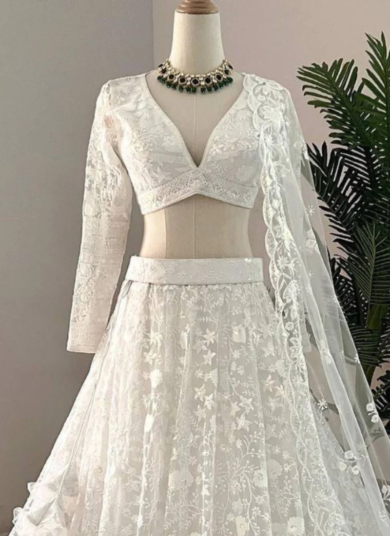 Classical Thread Embroidered Net Engagement White Lehenga Choli - Image 5
