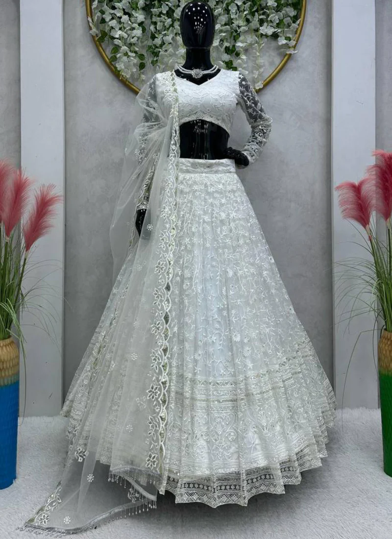 Classical Thread Embroidered Net Engagement White Lehenga Choli - Image 6