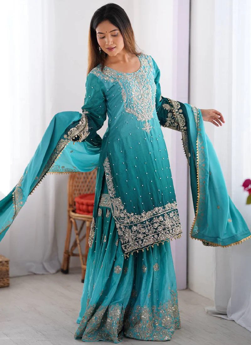 Coding Dori Embroidered Chinon Silk Sky Blue Sharara Set For Party - Image 3