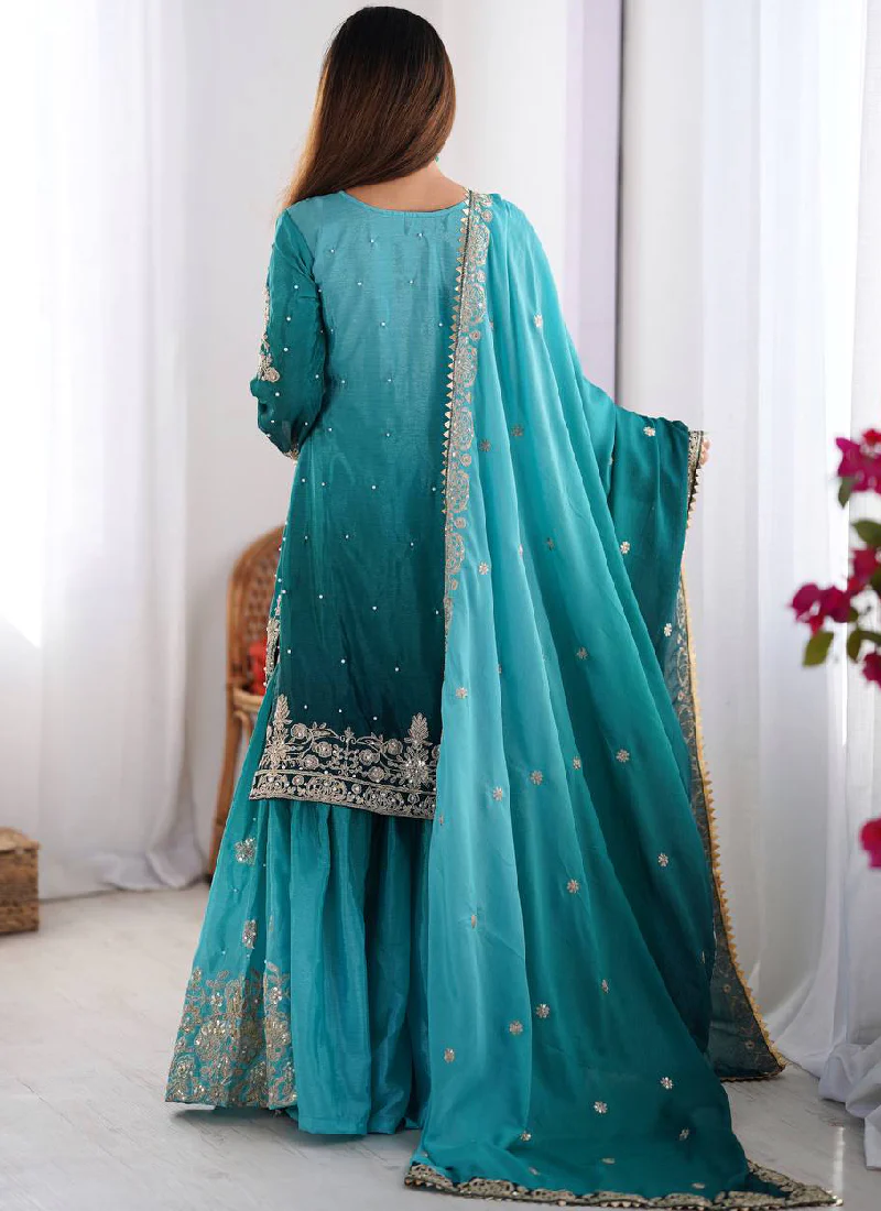 Coding Dori Embroidered Chinon Silk Sky Blue Sharara Set For Party - Image 4