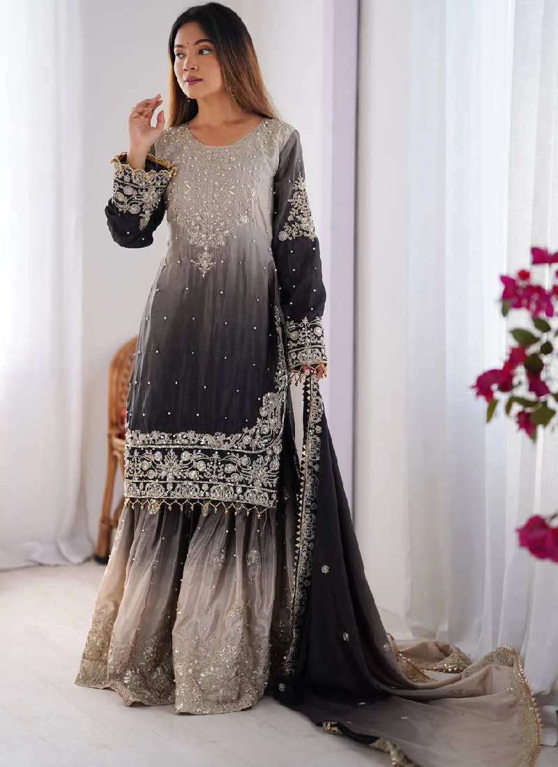 Coding Embroidered Grey Wedding Wear Chinon Silk Top Bottom Suit Set - Image 3