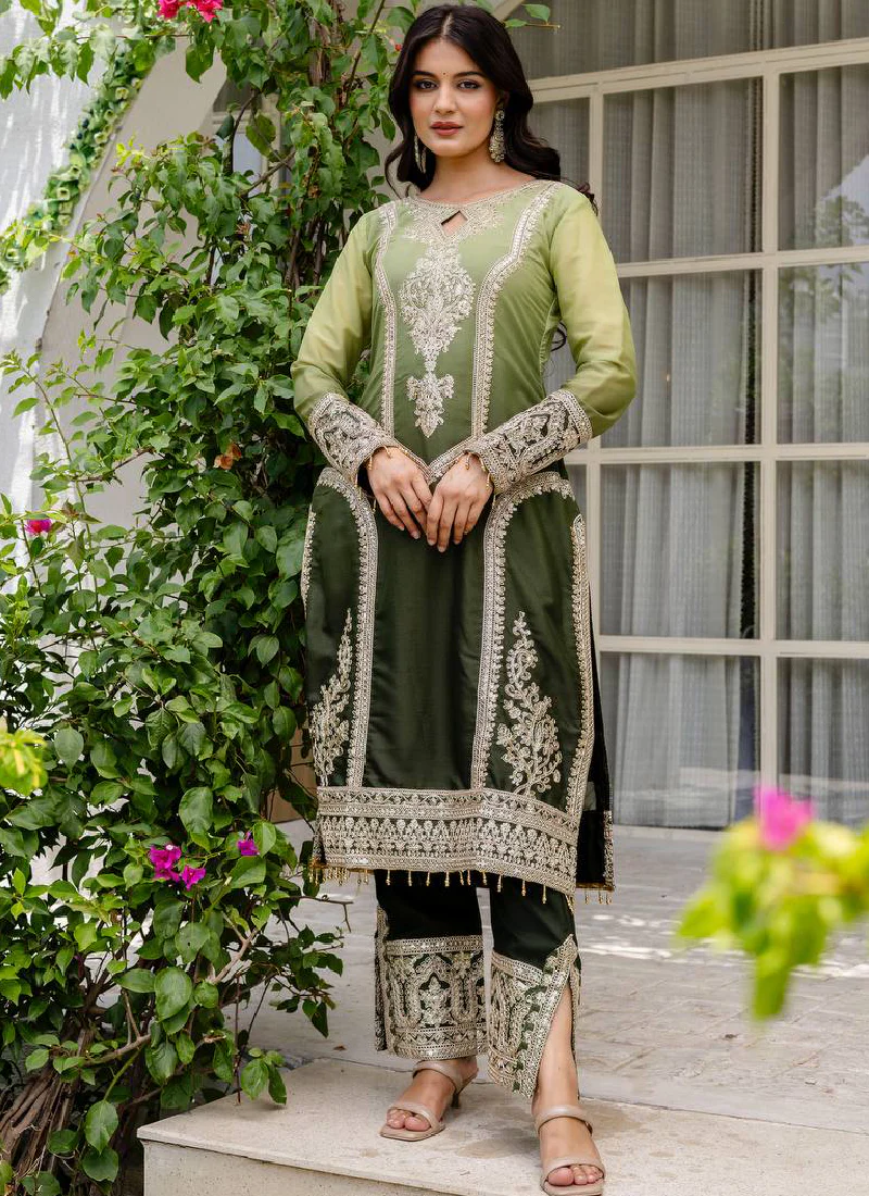 Coding Embroidery Work Georgette Parrot Green Pakistani Salwar Suit - Image 3