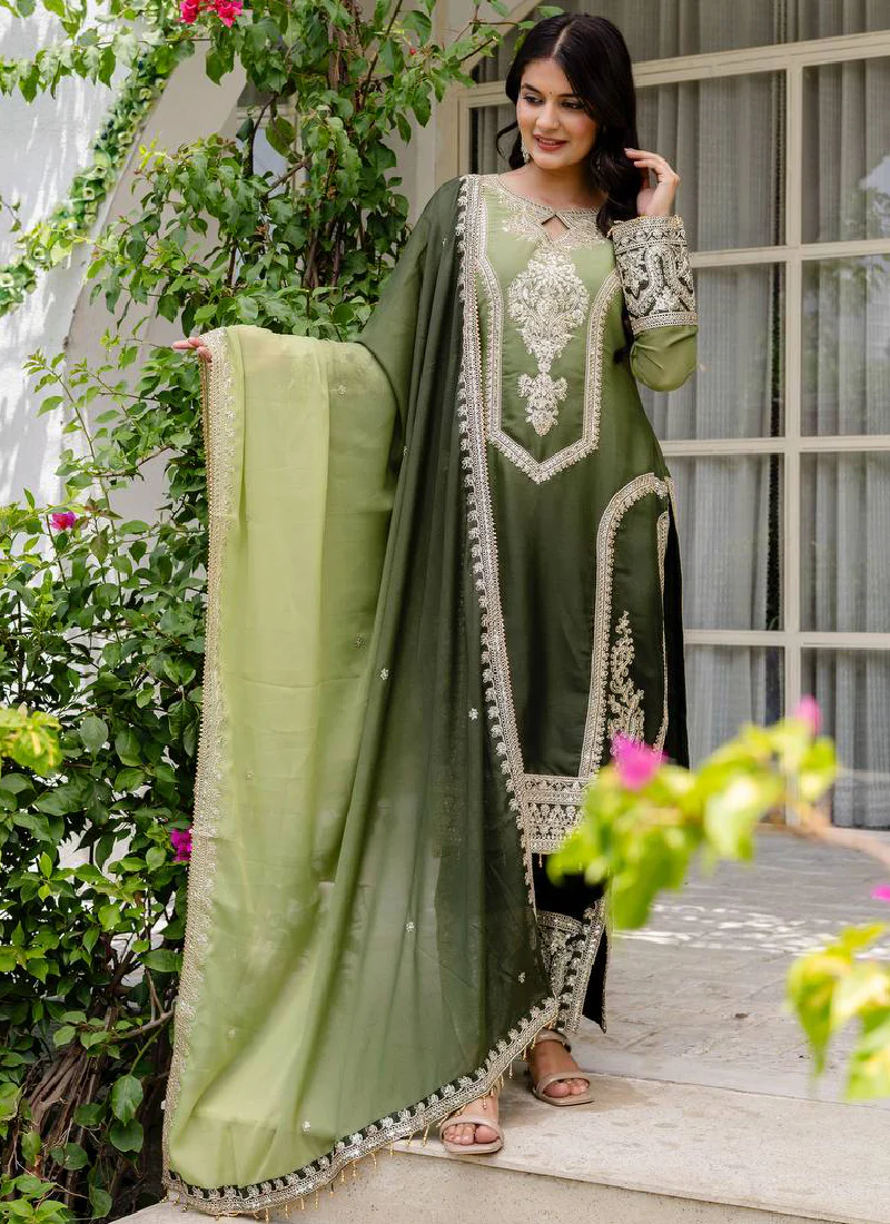 Coding Embroidery Work Georgette Parrot Green Pakistani Salwar Suit - Image 4