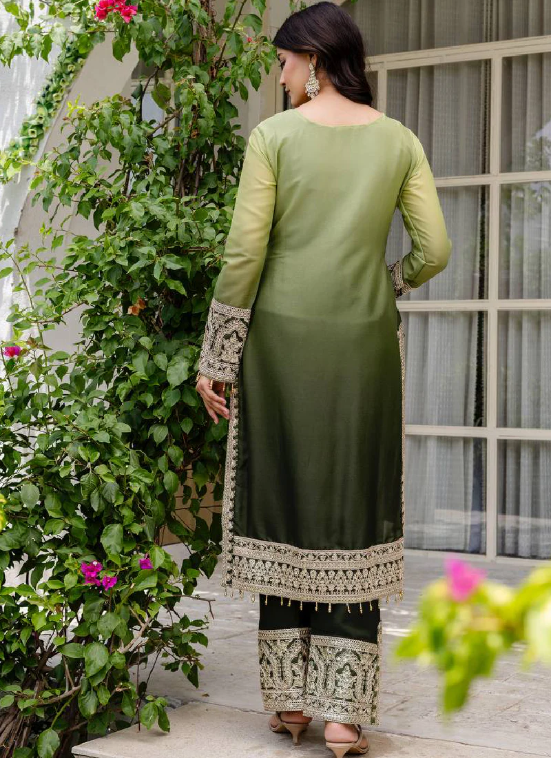 Coding Embroidery Work Georgette Parrot Green Pakistani Salwar Suit - Image 5