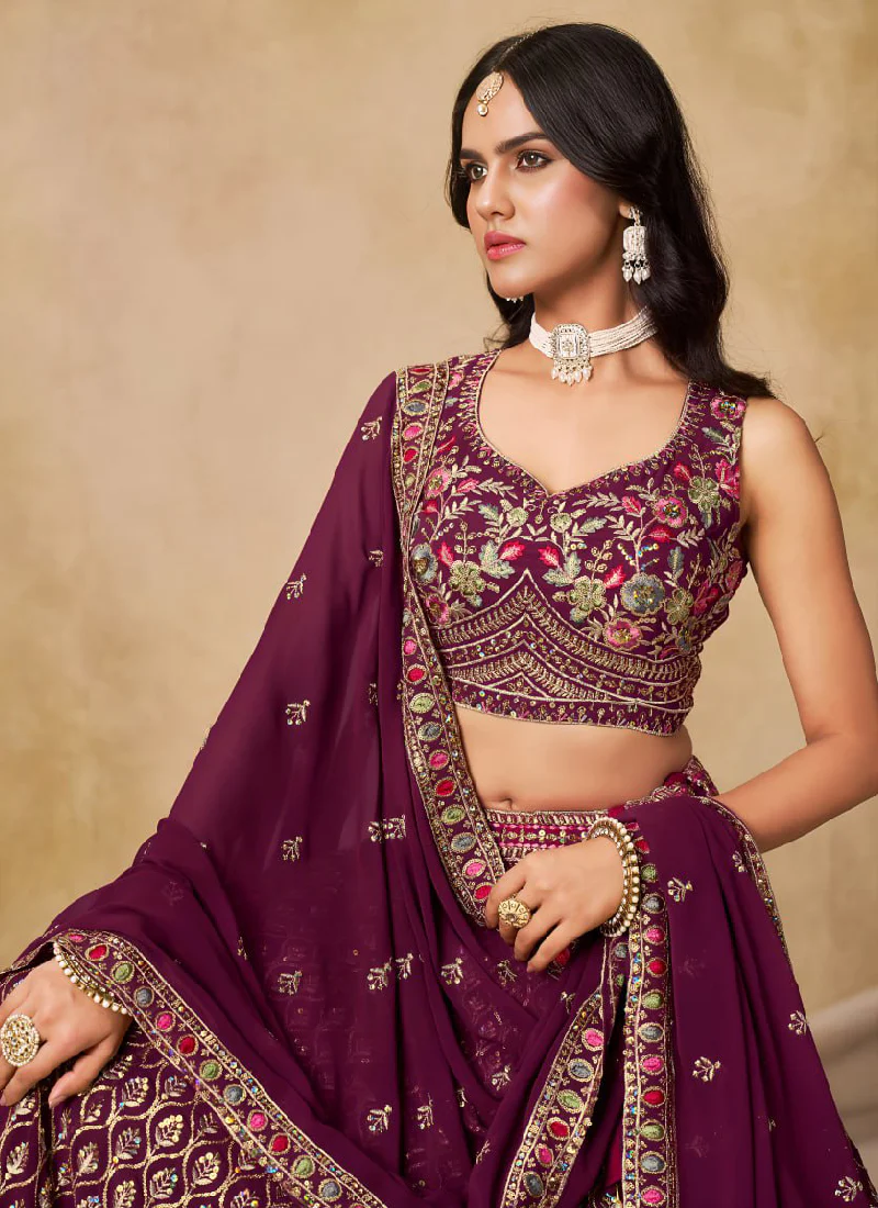 Comely Georgette Thread Embroidery Work Maroon Lehenga Choli For Women - Image 2