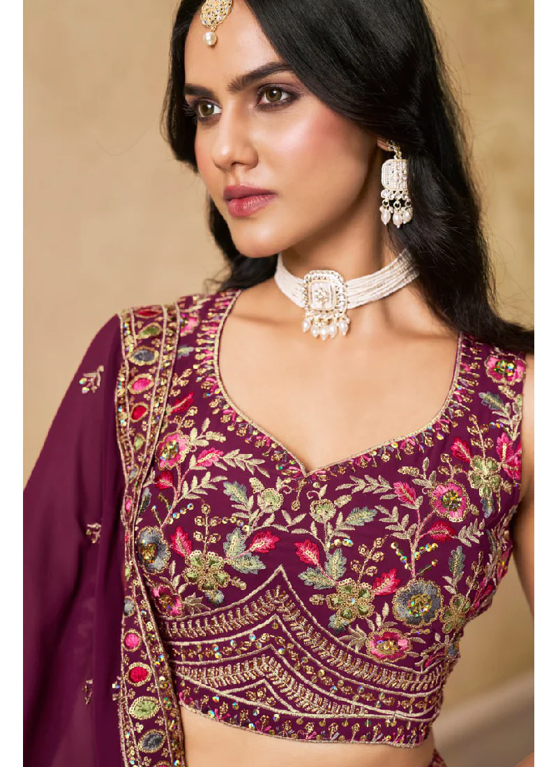 Comely Georgette Thread Embroidery Work Maroon Lehenga Choli For Women - Image 3