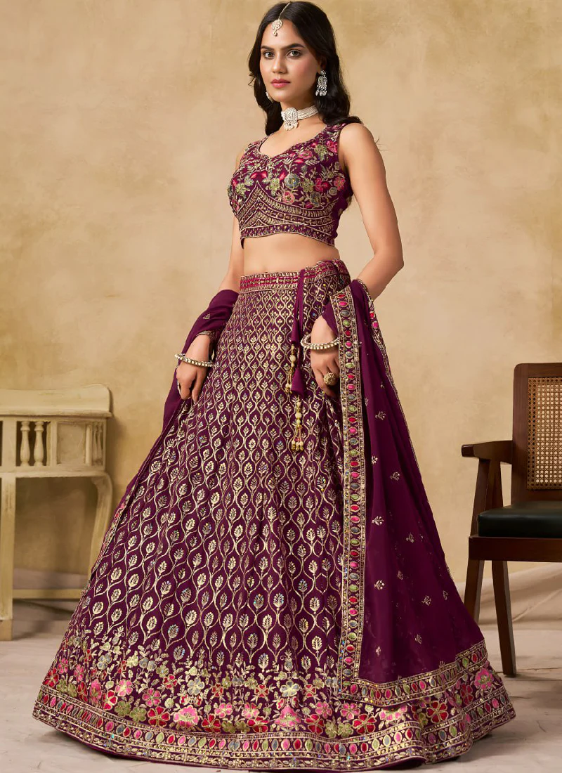 Comely Georgette Thread Embroidery Work Maroon Lehenga Choli For Women - Image 4