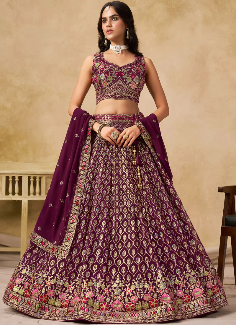 Comely Georgette Thread Embroidery Work Maroon Lehenga Choli For Women - Image 5