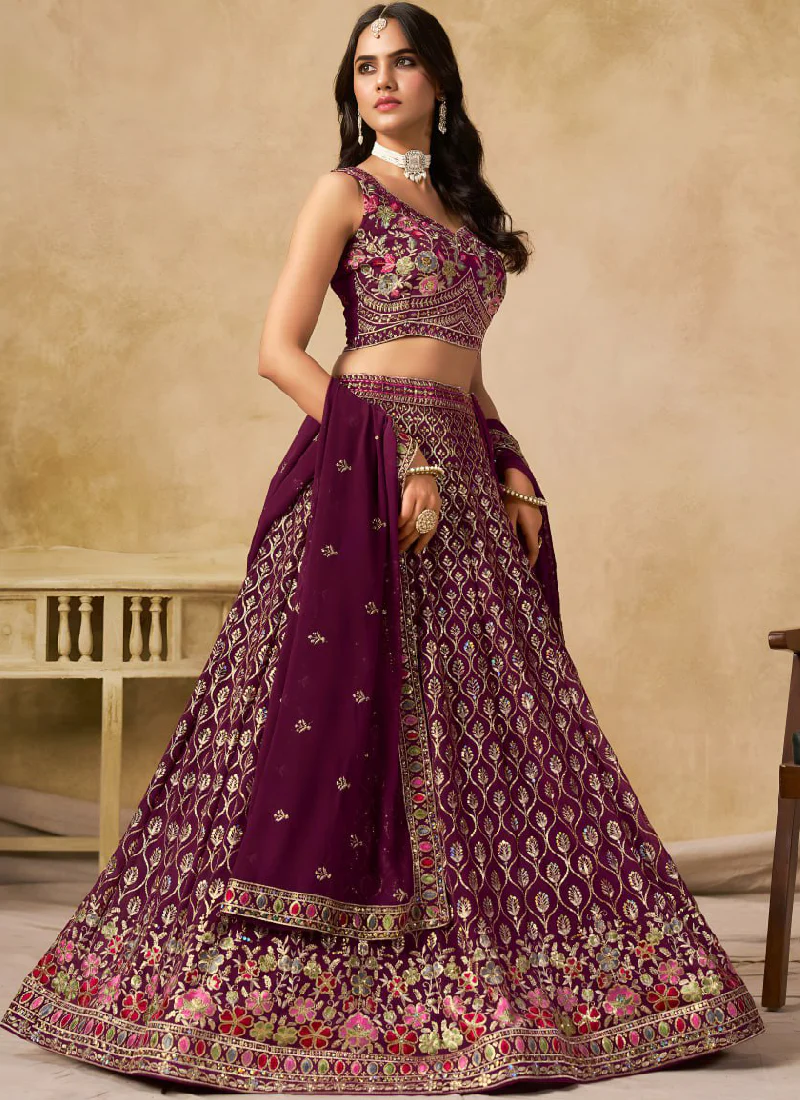 Comely Georgette Thread Embroidery Work Maroon Lehenga Choli For Women - Image 6