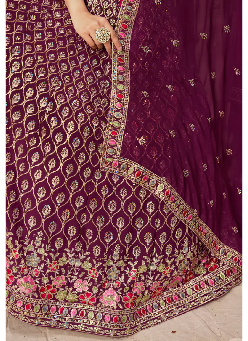 Comely Georgette Thread Embroidery Work Maroon Lehenga Choli For Women - Image 9