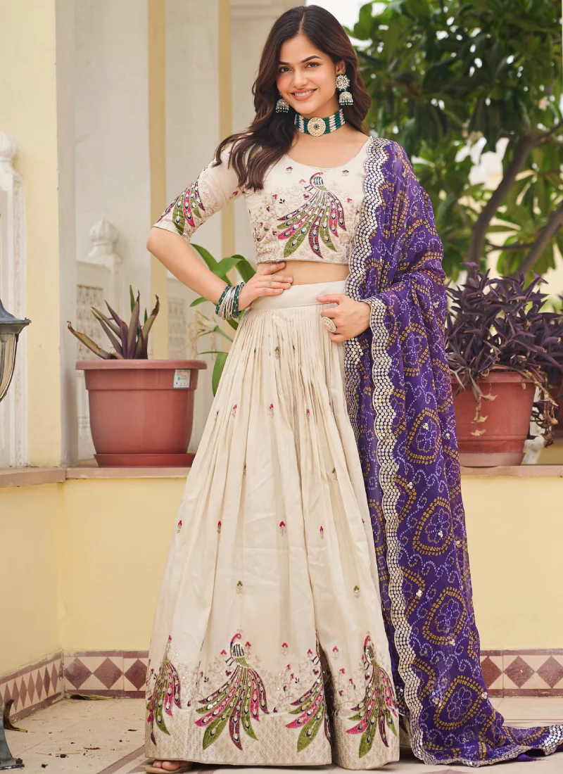 Cream Function Wear Pure Tissue Silk Heavy Embroidered Lehenga Choli