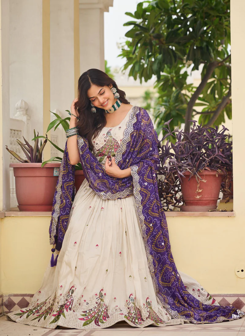 Cream Function Wear Pure Tissue Silk Heavy Embroidered Lehenga Choli - Image 10