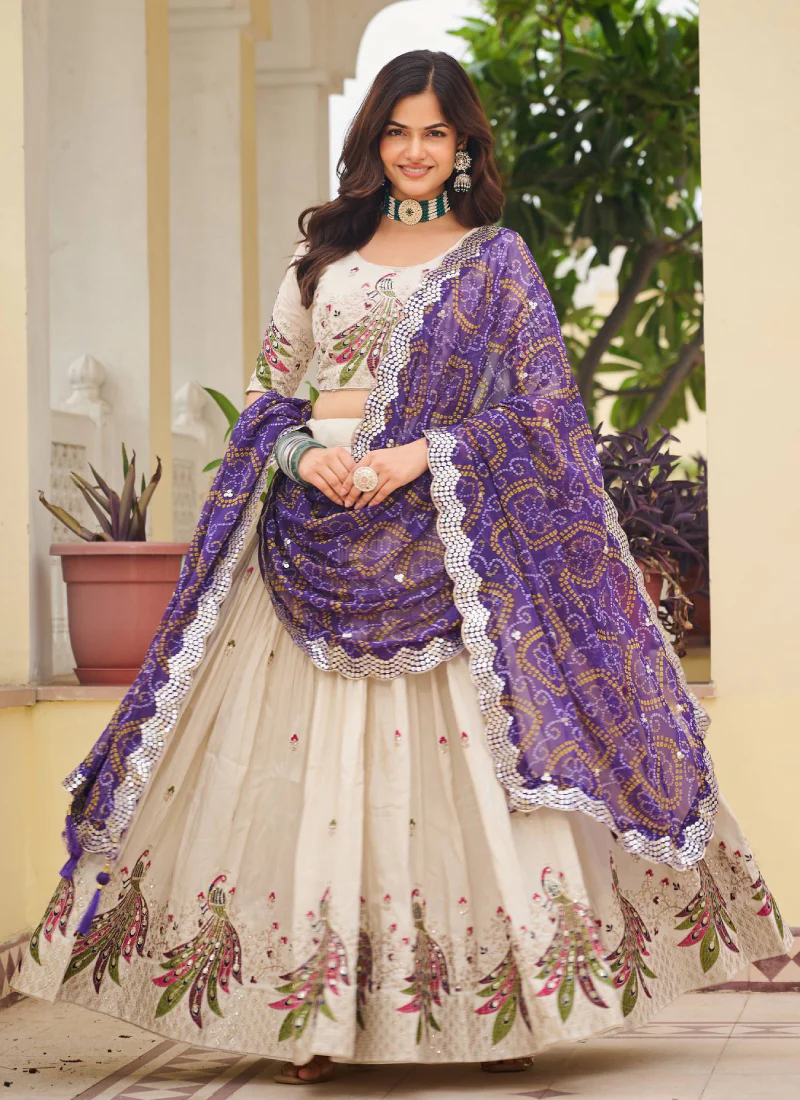 Cream Function Wear Pure Tissue Silk Heavy Embroidered Lehenga Choli - Image 2