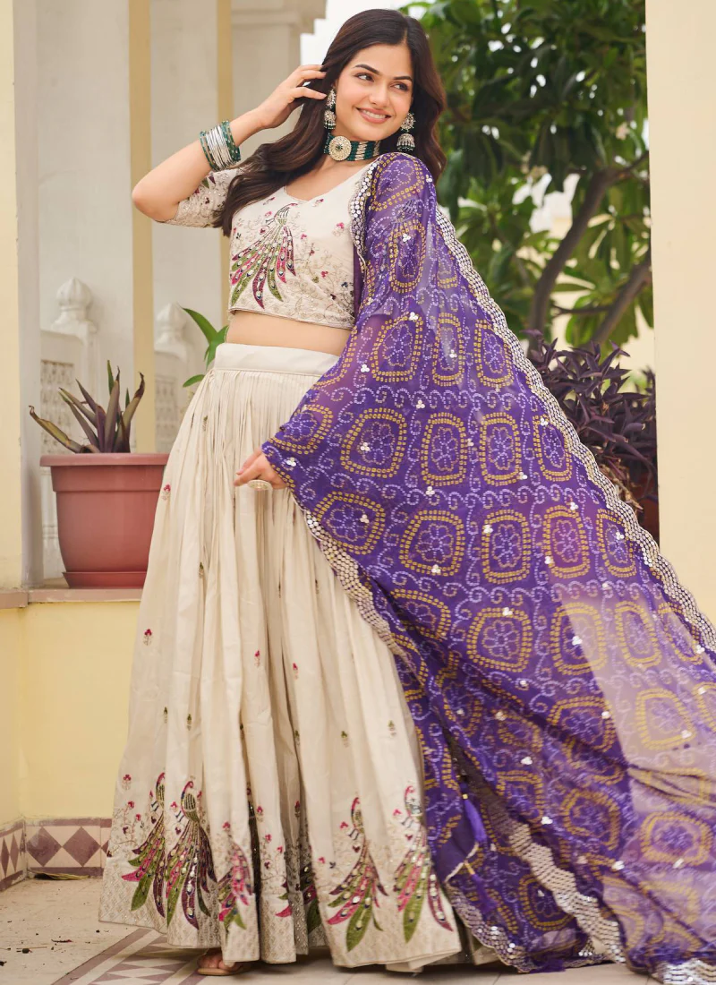 Cream Function Wear Pure Tissue Silk Heavy Embroidered Lehenga Choli - Image 3