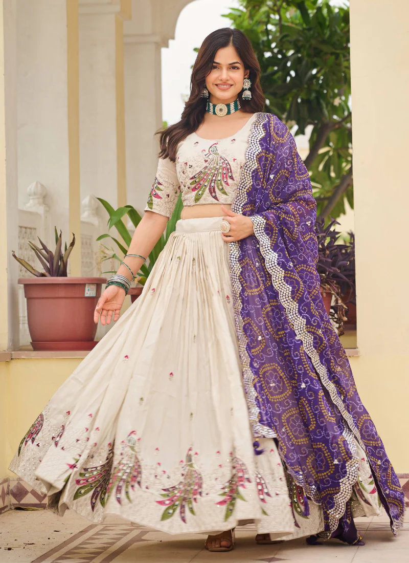 Cream Function Wear Pure Tissue Silk Heavy Embroidered Lehenga Choli - Image 4