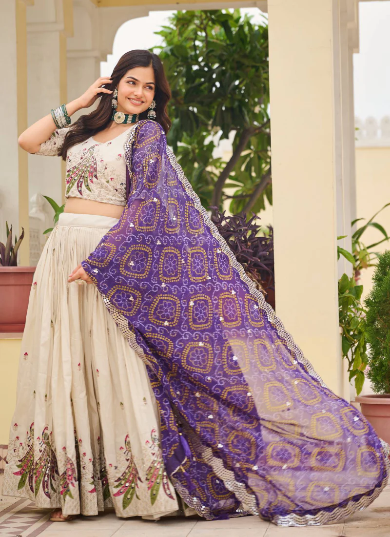 Cream Function Wear Pure Tissue Silk Heavy Embroidered Lehenga Choli - Image 5