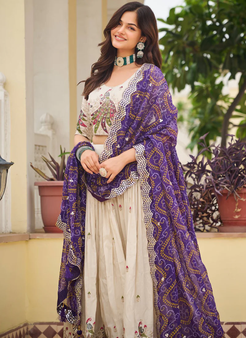 Cream Function Wear Pure Tissue Silk Heavy Embroidered Lehenga Choli - Image 6