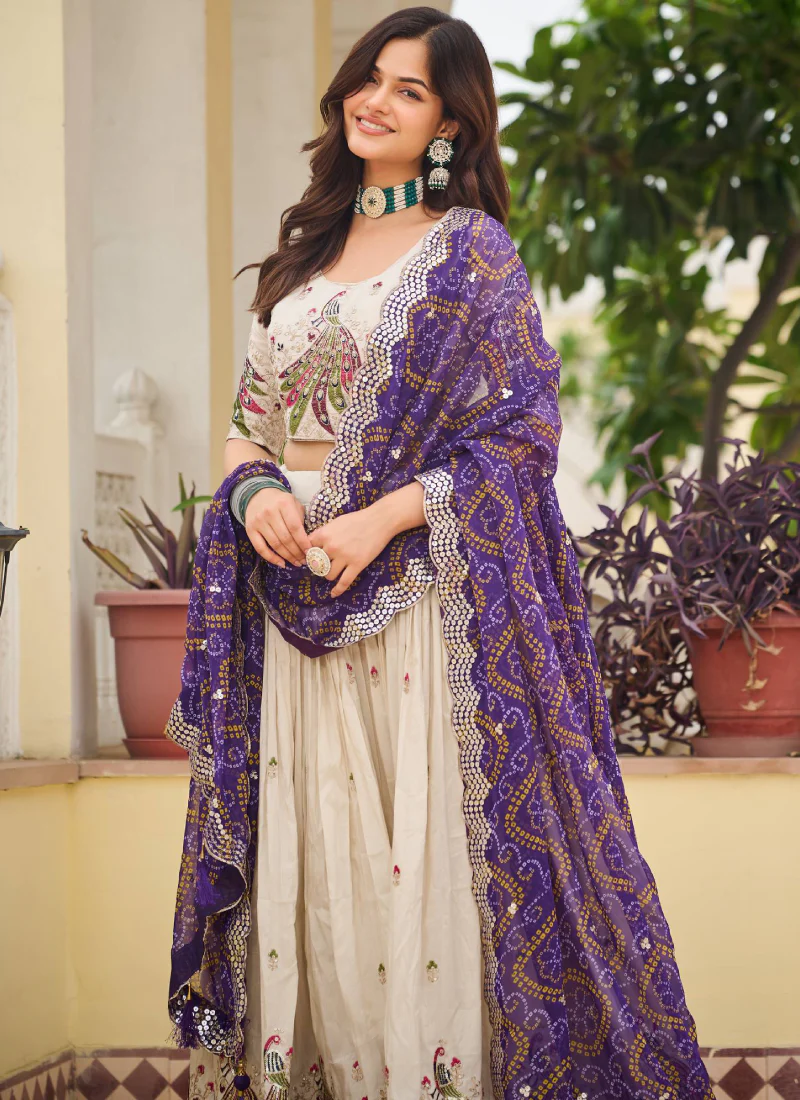 Cream Function Wear Pure Tissue Silk Heavy Embroidered Lehenga Choli - Image 7