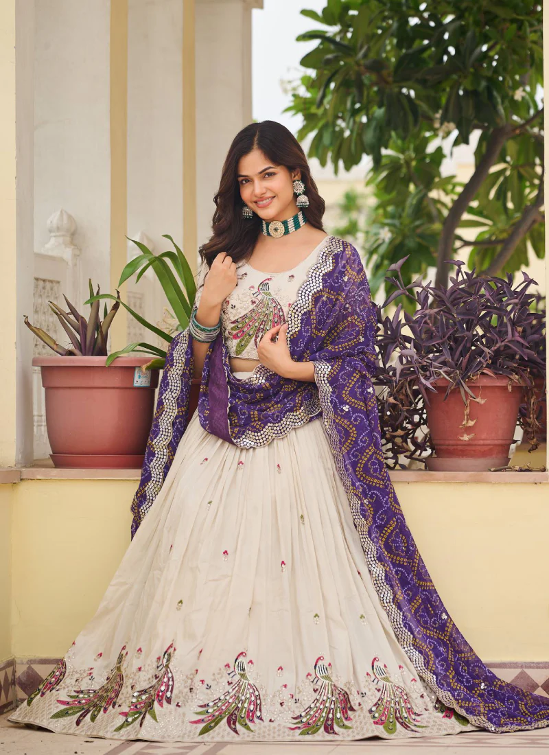 Cream Function Wear Pure Tissue Silk Heavy Embroidered Lehenga Choli - Image 8