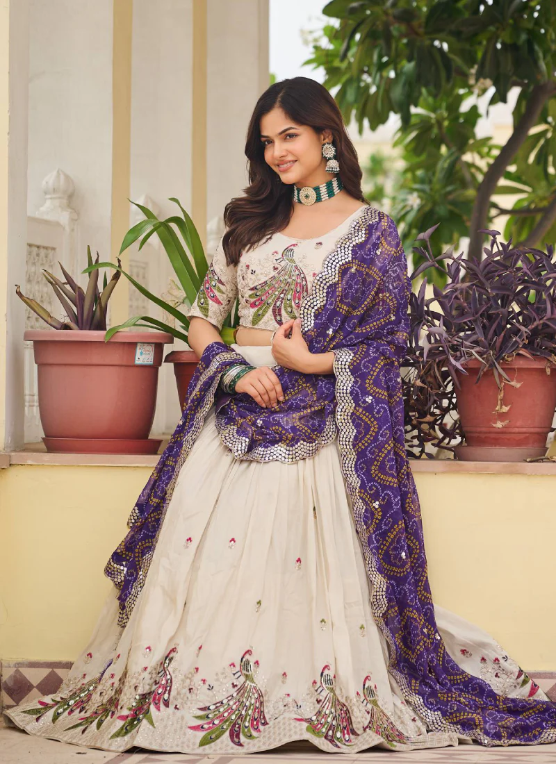 Cream Function Wear Pure Tissue Silk Heavy Embroidered Lehenga Choli - Image 9