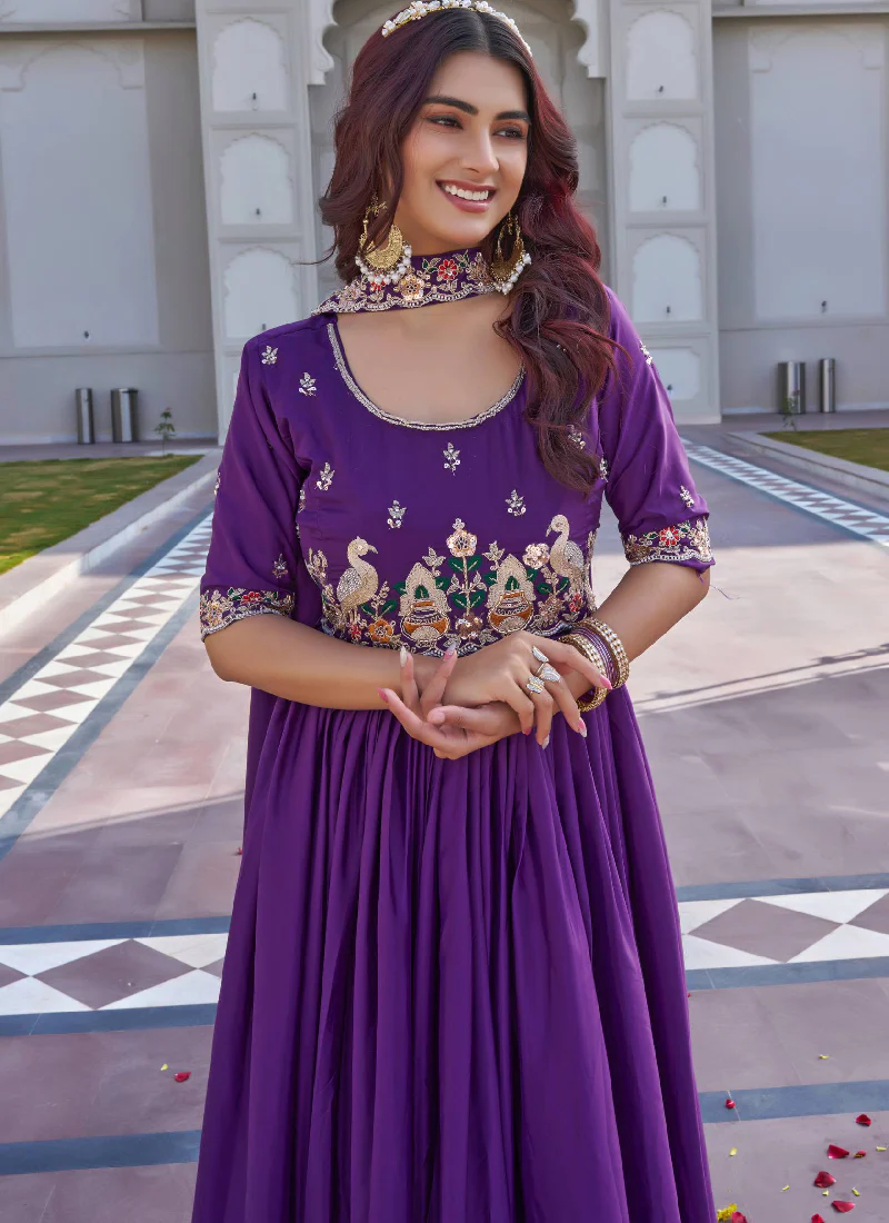 Crepe Silk Coding Sequence Work Wedding Wear Purple Gown With Dupatta - Image 2