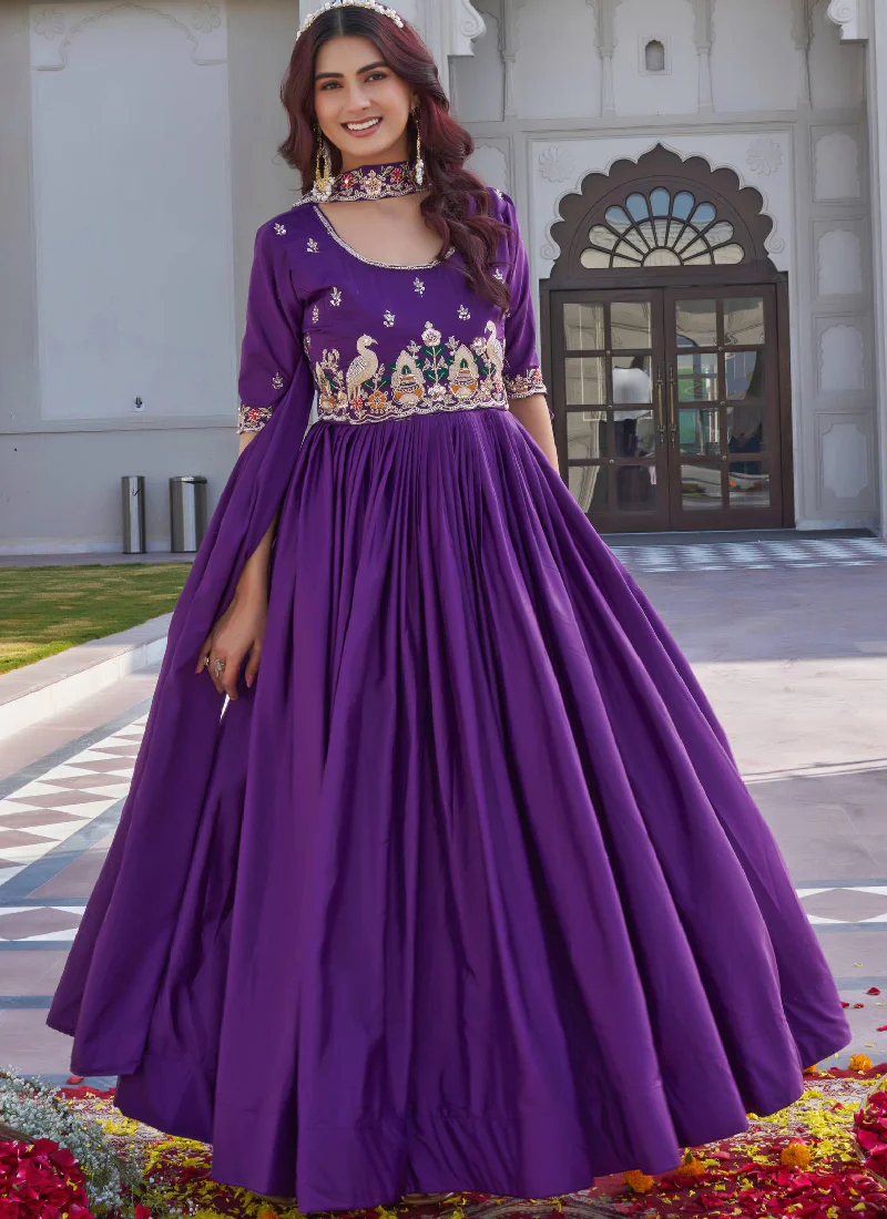 Crepe Silk Coding Sequence Work Wedding Wear Purple Gown With Dupatta - Image 3