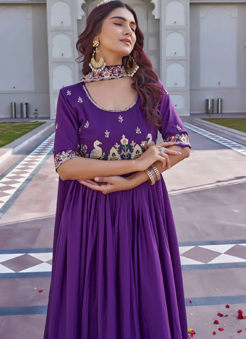 Crepe Silk Coding Sequence Work Wedding Wear Purple Gown With Dupatta - Image 4