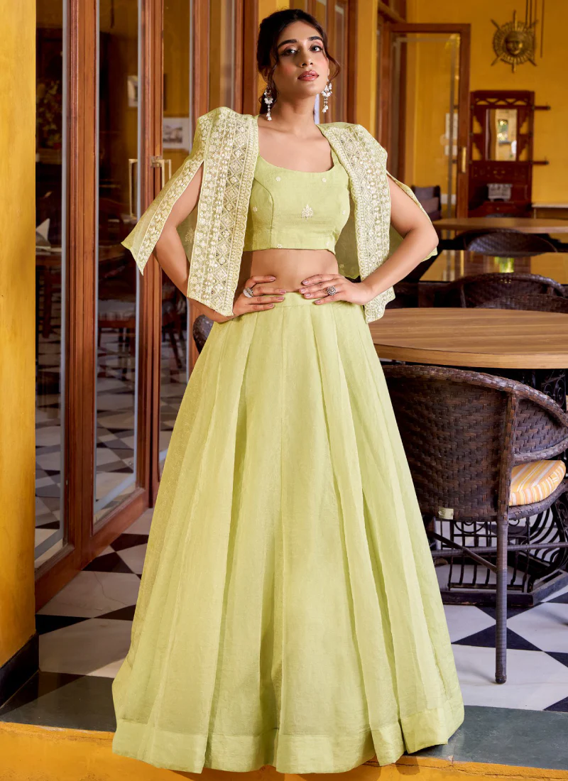 Crush Silk Indo Western Yellow Crop Top Lehenga With Thread Work Jacket