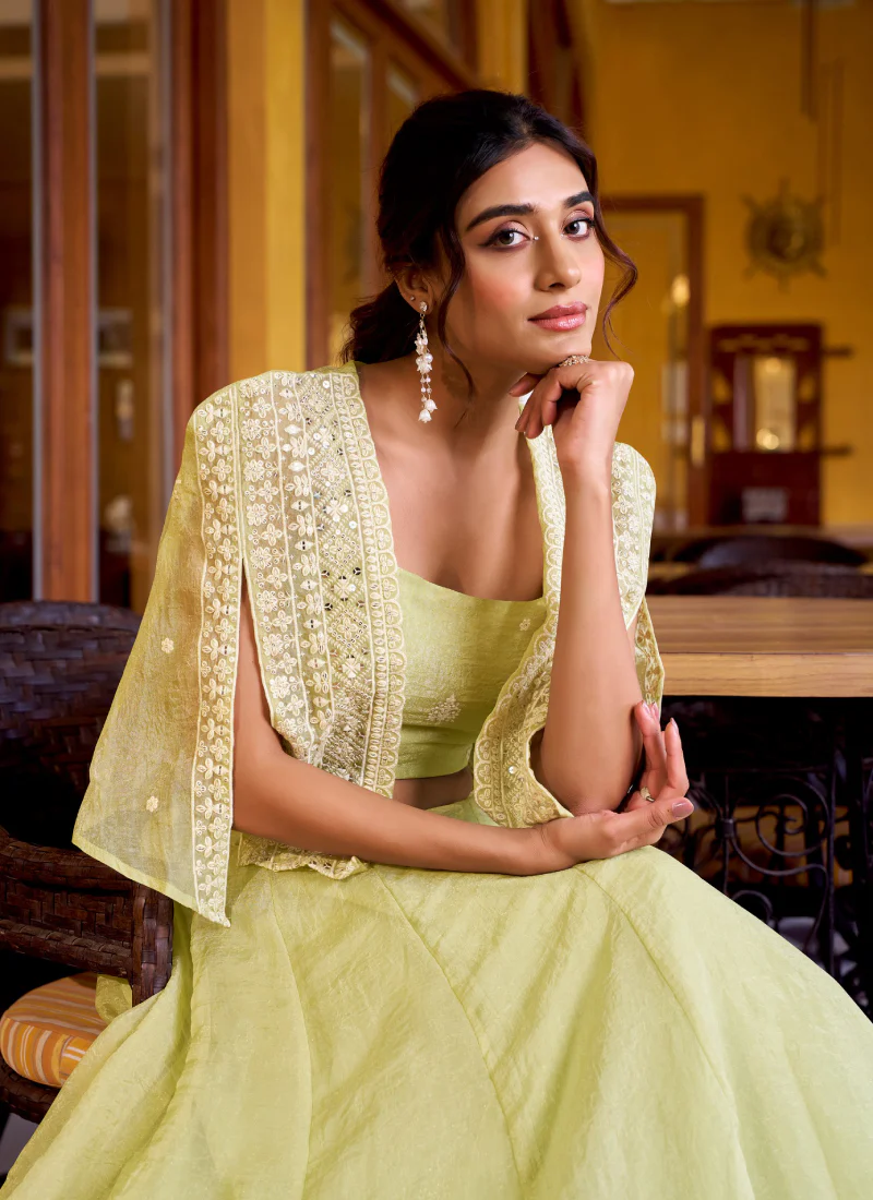 Crush Silk Indo Western Yellow Crop Top Lehenga With Thread Work Jacket - Image 2