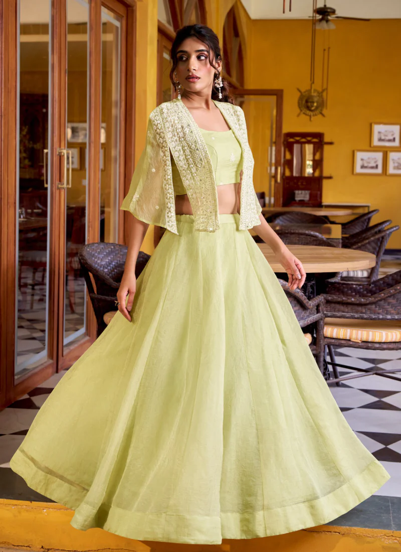 Crush Silk Indo Western Yellow Crop Top Lehenga With Thread Work Jacket - Image 3