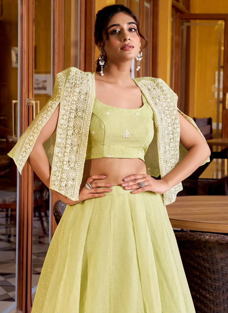 Crush Silk Indo Western Yellow Crop Top Lehenga With Thread Work Jacket - Image 4