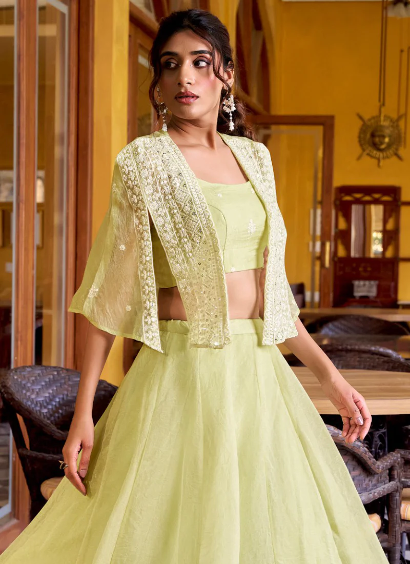 Crush Silk Indo Western Yellow Crop Top Lehenga With Thread Work Jacket - Image 5