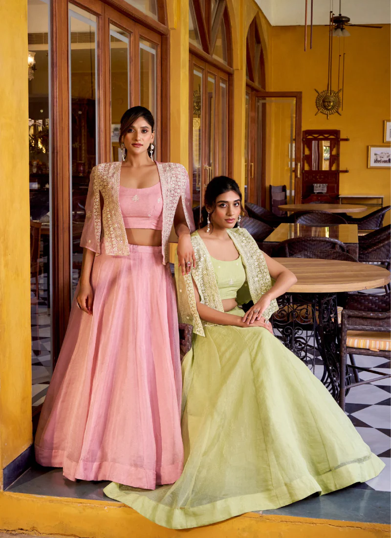 Crush Silk Indo Western Yellow Crop Top Lehenga With Thread Work Jacket - Image 6
