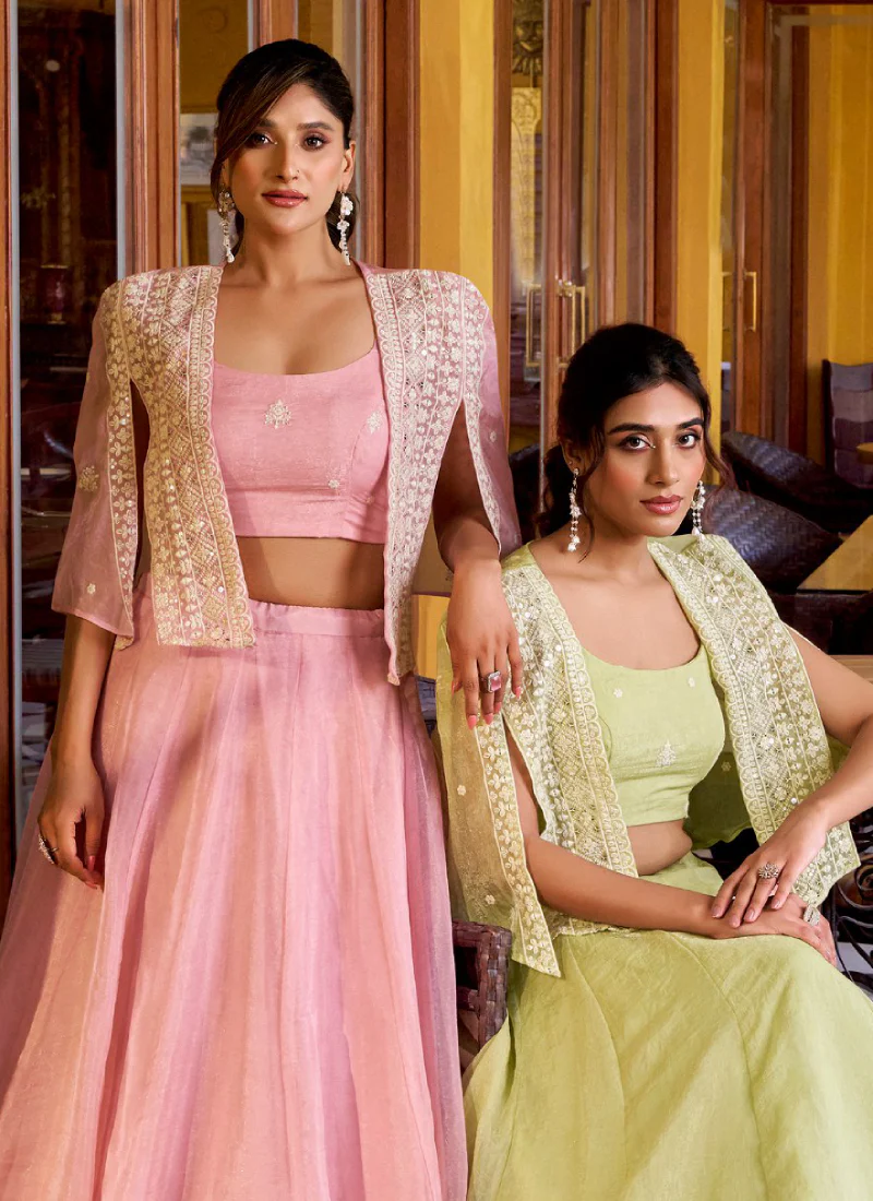 Crush Silk Indo Western Yellow Crop Top Lehenga With Thread Work Jacket - Image 7