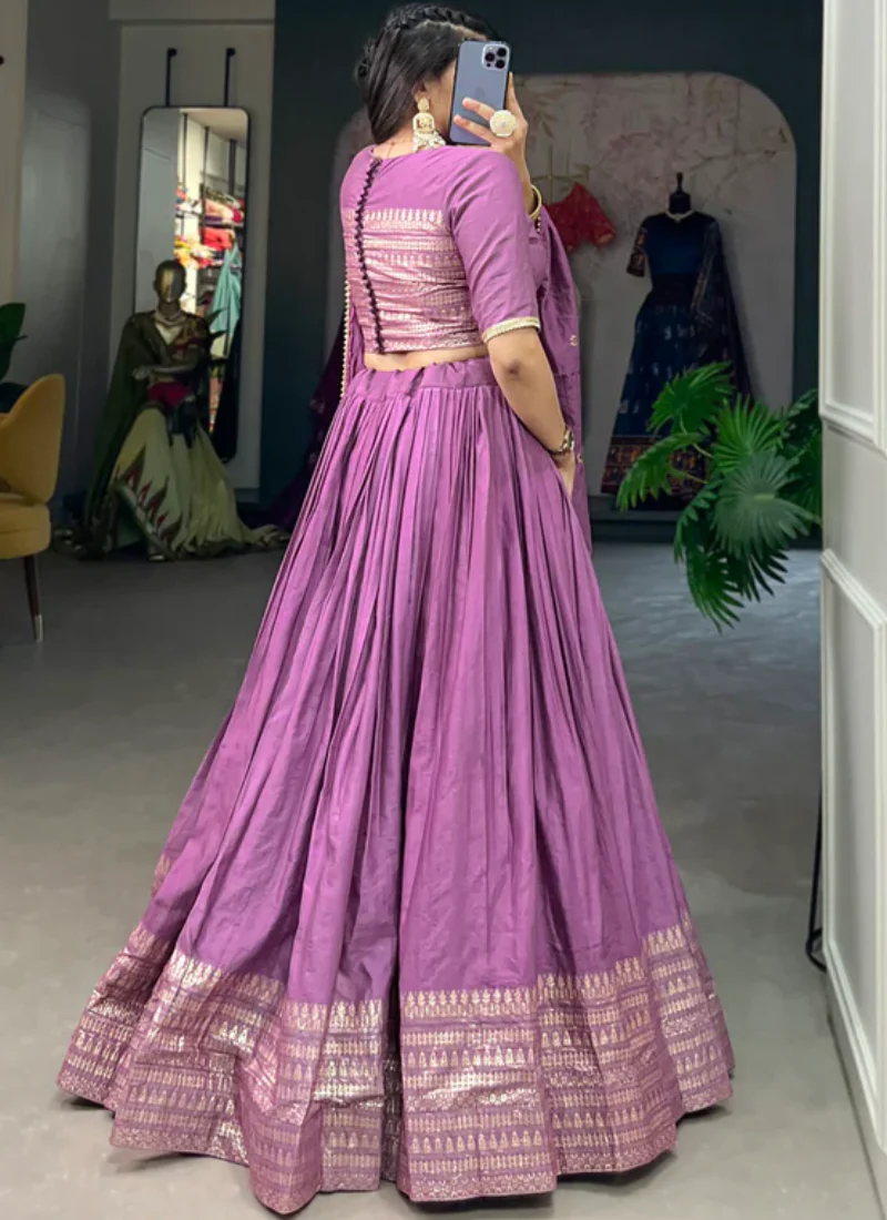 Customary Purple Plain Zari Weaving Work Pure Chanderi Lehenga Choli - Image 3